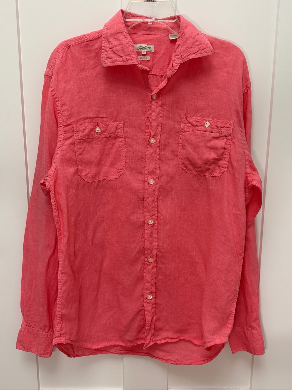Hartford Slim Fit Linen Shirt in Coral Pink